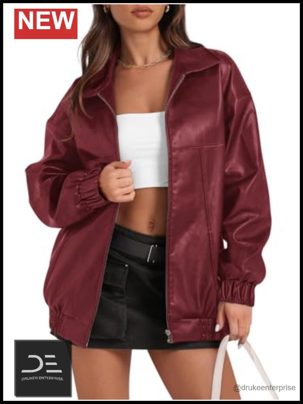 Womens Oversized Faux Leather Moto Jacket Zip Up Bomber